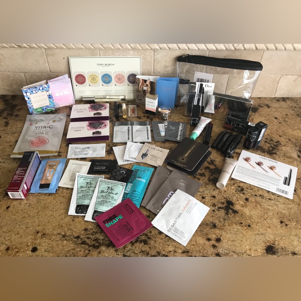 47 Piece Beauty Mixed Samples Lot Skincare Haircare Cosmetics Scents Makeup Bag